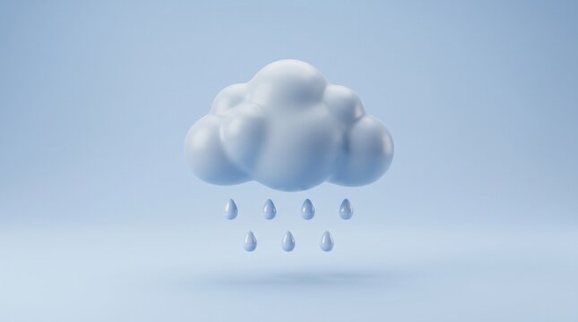 3D rain cloud icon with dimensional raindrops and soft rounded form, isolated on pastel blue background for weather, rainfall and forecast concepts