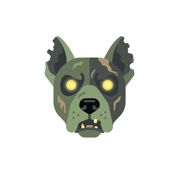 Flat Design Vector Icon of a Zombie Dog Head with Glowing Yellow Eyes, Torn Ears, and Rotting Green Skin. Spooky Undead Pitbull Canine Illustration for Halloween Horror Graphics.