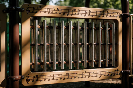 Metal chimes with musical notes hang on playground structure. Outdoor music device for kids sensory development and auditory learning plays melodies. Fun child activity.
