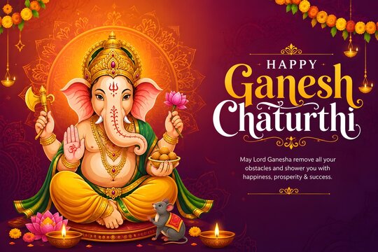 Happy Ganesh Chaturthi Festival Banner with Lord Ganesha, Traditional Indian Hindu Celebration Background. 