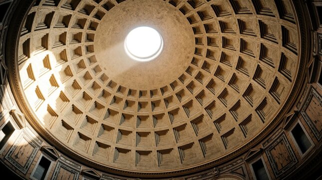 Grand Pantheon dome interior features coffered ceiling with skylight. Sunlight streams through opening casting shadows and illuminating ancient architecture.