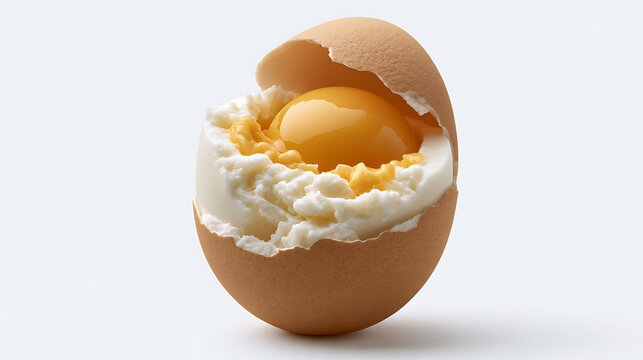 Cracked hard boiled egg revealing yellow yolk and white protein