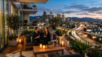 Obraz premium Romantic couple relaxing with drinks on a luxury penthouse balcony overlooking a vibrant city skyline at dusk.