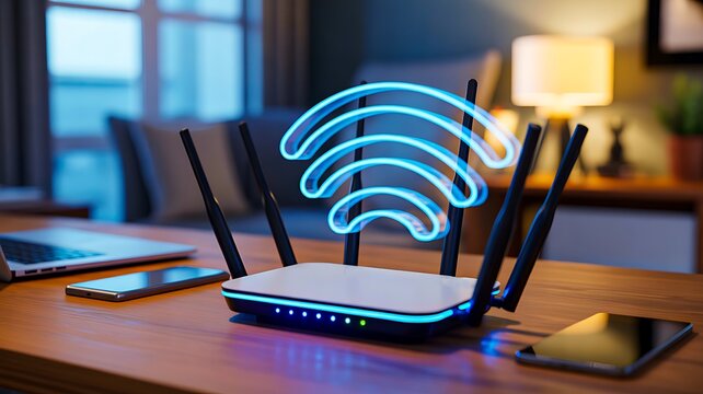 Modern wifi router with glowing wireless signal in home office workspace
