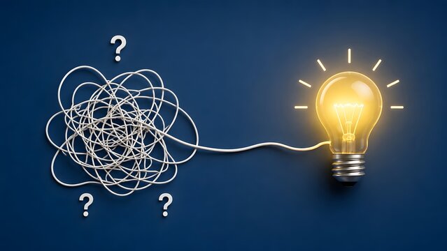 Creative problem solving concept showing a tangled wire of questions unwinding into a brilliant innovative solution