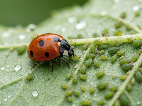 Natural pest control ladybug eating green aphids on a textured leaf macro
