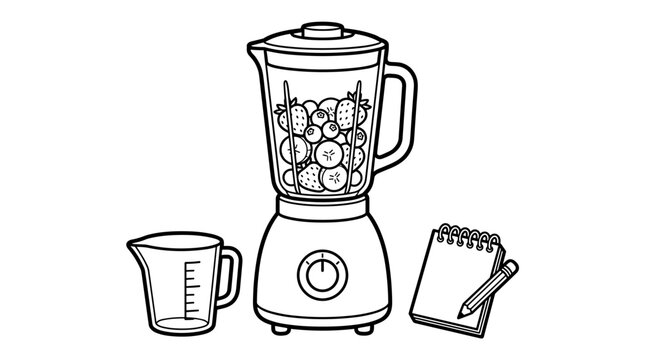Line art illustration of a blender filled with fruits next to a measuring cup and notepad with pencil, isolated on white