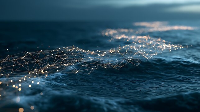 Tranquil ocean at blue hour with glowing digital network lattice floating across the surface, connected nodes creating a global data map, fintech and cloud technology concept,