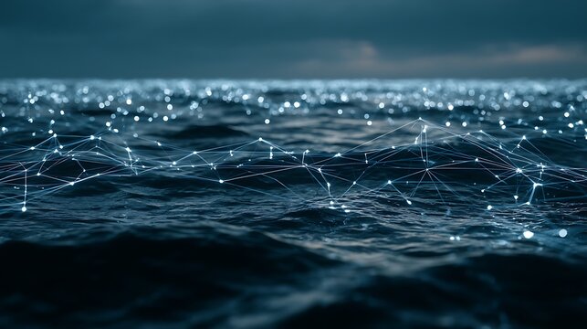 Tranquil ocean at blue hour with glowing digital network lattice floating across the surface, connected nodes creating a global data map, fintech and cloud technology concept,