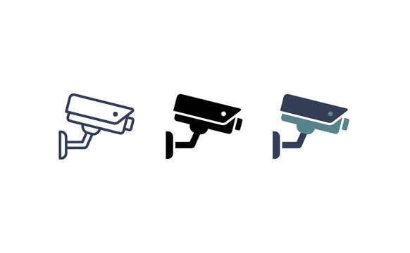 Security camera icons set in outline, solid, and flat color styles