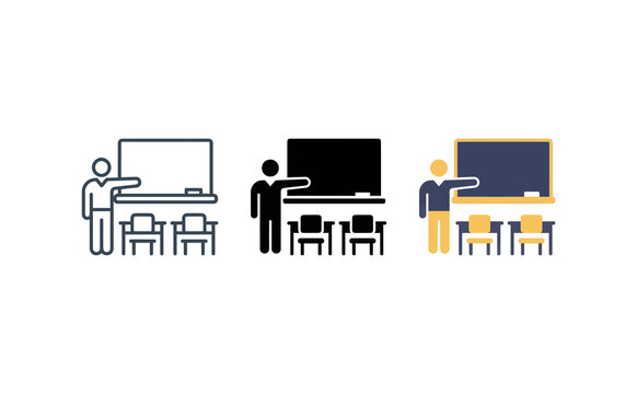 Teacher in classroom icon set vector illustration with board and desks