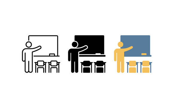 Teacher classroom icon vector set showing lesson presentation in school