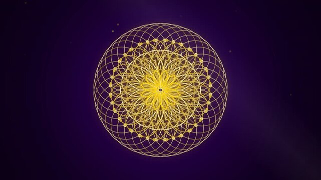 Golden sacred geometry mandala rotating on a dark purple background, concept for meditation apps, yoga videos and spiritual wellness