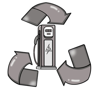 Electric vehicle charging station surrounded by recycling arrows, symbolizes eco friendly energy use, sustainable habits gray tones emphasize modern responsible design. symbolizing sustainable energy