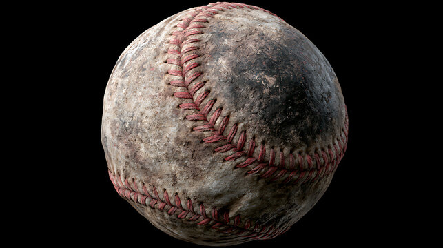 Worn baseball with red stitching against a black background