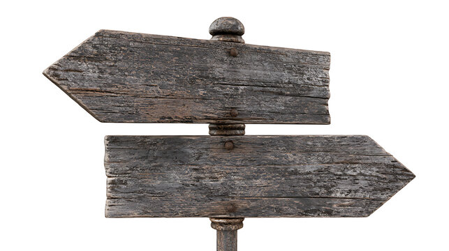 Weathered wooden signpost with two blank arrows on a white background