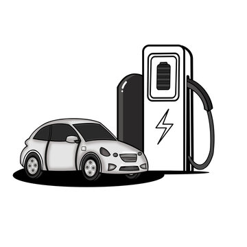 Electric car charges at modern station. Minimalist style draws attention to sustainable travel. Clean lines suggest innovation and eco friendliness. Ideal for green energy or urban mobility projects. 