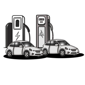 Electric cars charge at modern stations. Simple lines define sleek, clean vehicles.  Ideal for eco friendly transport or energy themes. Modern electric cars charging at power station illustration. 