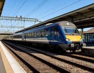 Obraz premium Blue and yellow passenger train at a railway station platform with tracks, overhead wires, and a clear blue sky in the background