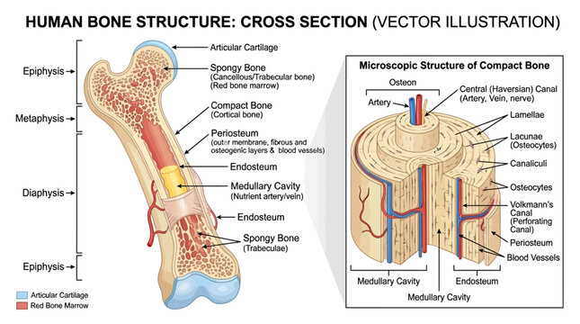 Human Bone Structure Cross Section: Anatomy Diagram, Microscopic Compact Bone