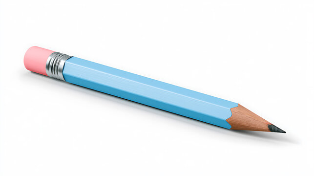 Light blue pencil with pink eraser and sharpened graphite point on white background