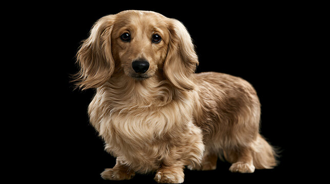 Long haired cream dachshund stands with a direct gaze against a black background