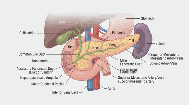 Human Pancreas Anatomy and Digestive System Organs Illustration