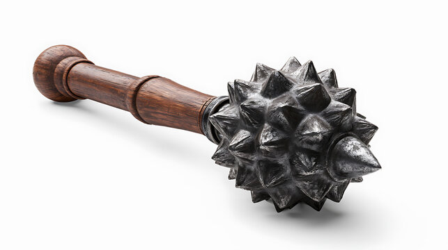 Medieval spiky mace with wooden handle on a white background