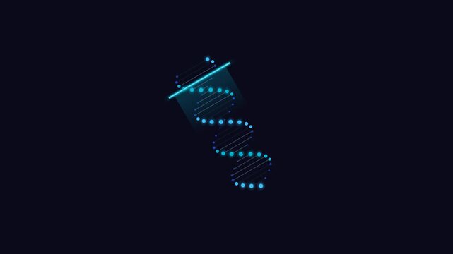 A glowing cyan digital helix structure rotates through dark space representing scientific research data visualization as advanced genome mapping technology unfolds within a complex virtual
