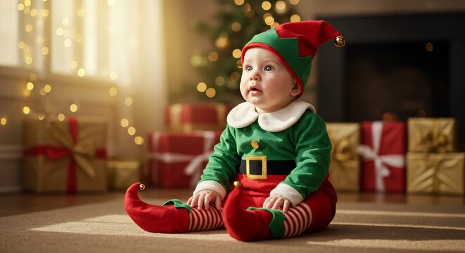 Elf Baby's Christmas Wonder: A precious baby dressed as a festive elf sits in a warmly decorated room, surrounded by Christmas presents and twinkling lights, embodying the spirit of holiday magic.