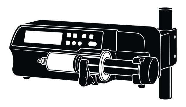 Black and white icon of a medical syringe infusion pump device