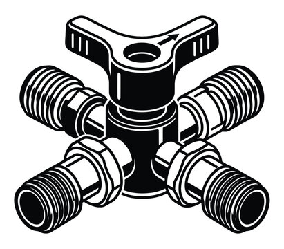 Black and white vector icon of a mechanical water valve or pipe fitting