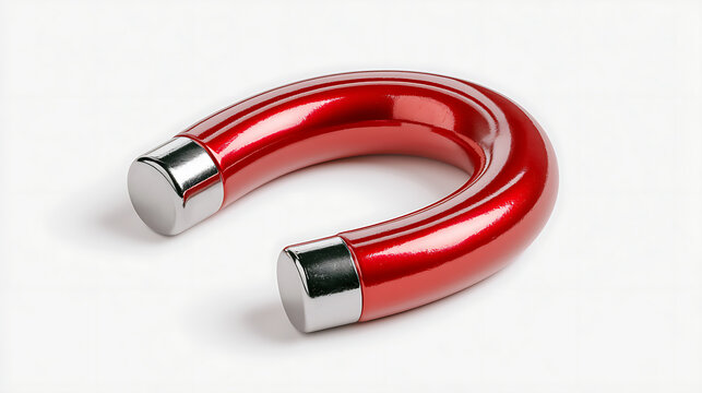 Red horseshoe magnet with metallic ends rests on a white surface