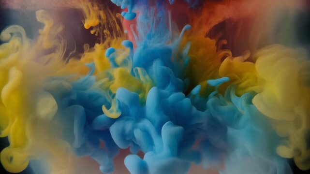 Yellow and blue ink swirling in water with smooth cinematic motion during slow diffusion