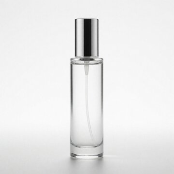 Clear glass perfume bottle with silver cap stands upright. Small pump sprayer inside bottle neck. Minimalist product photo on white background. Empty container for scent.