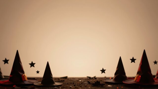 Black witch hats and star decorations on a table