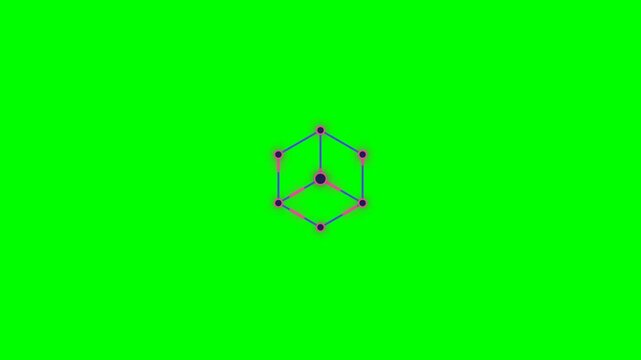 Abstract motion graphic showing an isometric blockchain cube constructed by glowing data nodes and connections.