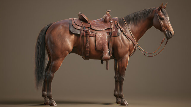 Brown quarter horse with western saddle stands in profile view