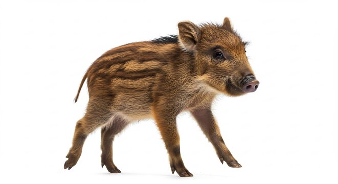 Wild Boar Piglet on White Background: A young wild boar piglet, with its characteristic stripes and curious expression, stands alert on a pure white background, ready for exploration.