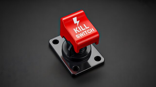 Red kill switch emergency button on industrial control panel isolated against dark background