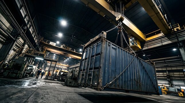 Industrial crane lifting shipping container inside a warehouse factory