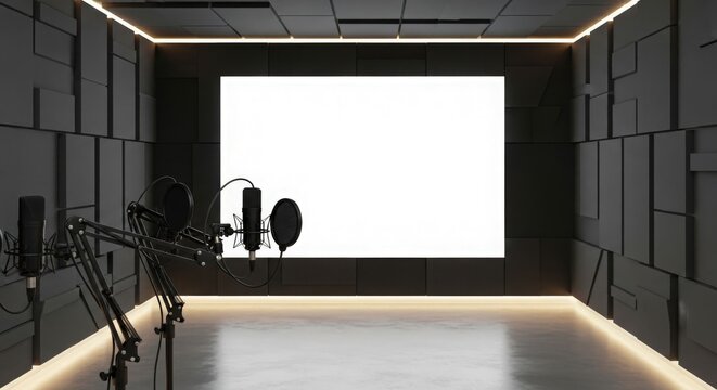 Modern recording studio with acoustic panels, multiple microphones on stands, and a large blank screen for content display, illuminated by strip lighting.