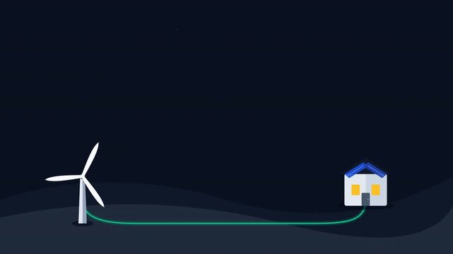 Clean vector motion graphic illustrating green renewable energy flowing from a wind turbine to a smart home, featuring a high-contrast premium dark theme.