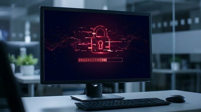 Cybersecurity threat on computer screen in office.