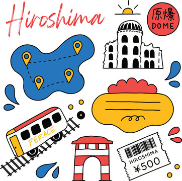 Hiroshima Travel Guide: Cute Hand-Drawn Icons of Atomic Bomb Dome, Miyajima Torii Gate, and City Streetcars