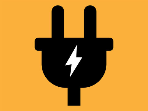 Electrical plug icon PNG with black plug silhouette, central lightning symbol and orange background shape isolated on transparent background