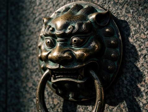 Lion head door knocker on textured wall. Antique brass metal hardware, traditional asian architectural element. Ornate handle with ring detail, weathered patina.