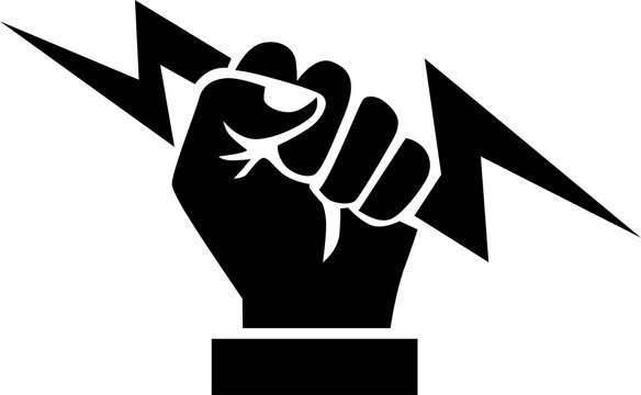 Raised fist lightning icon PNG with black clenched hand and electric bolt symbol isolated on transparent background