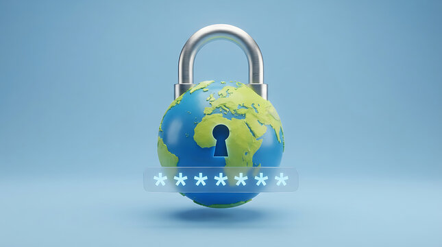 Earth globe secured with a padlock and a digital password entry field