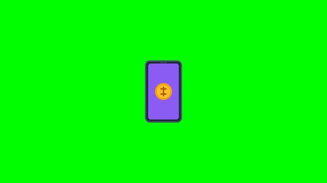 Motion graphic showing a digital coin dropping into a smartphone, indicating a successful mobile payment or e-wallet transfer.